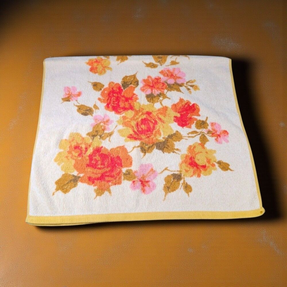 Vintage Callaway Rose Floral Towel 42x24 Cotton USA 1970s Orange Pink Retro